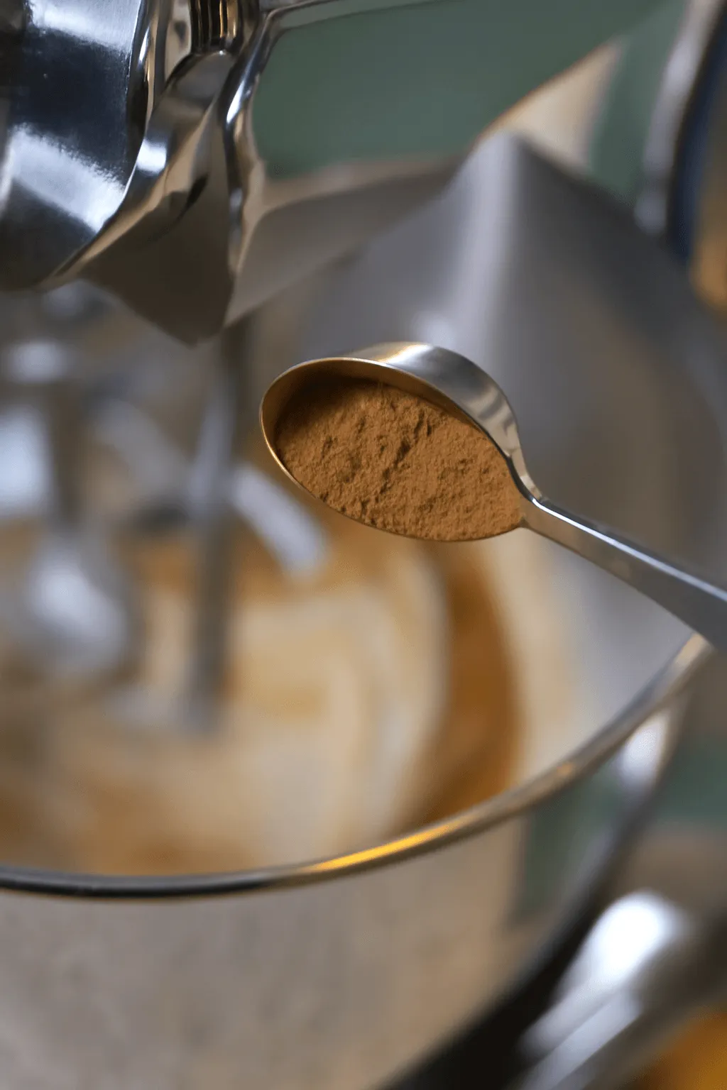 Adding cinnamon to creamed honey in a mixer