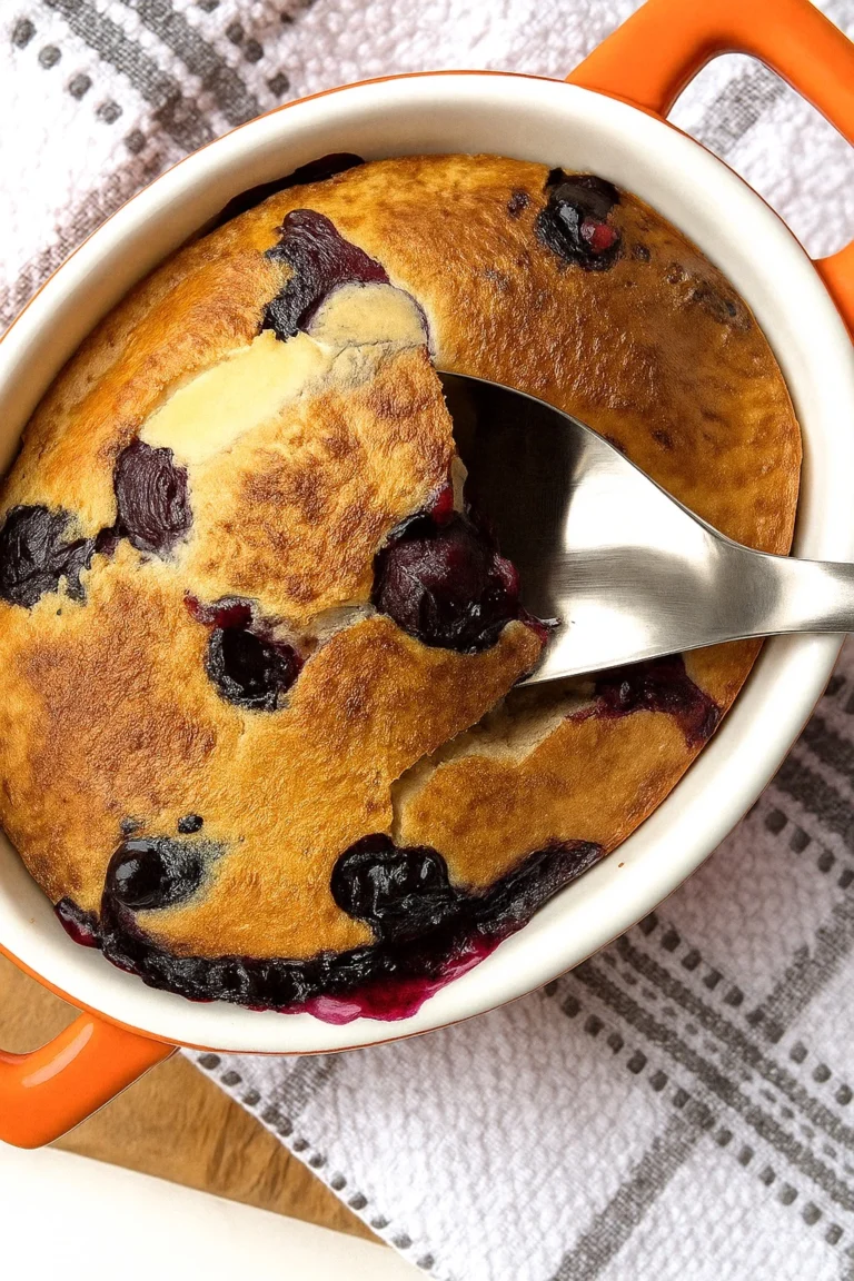 Blueberry cottage cheese breakfast bake with golden top and baked blueberries