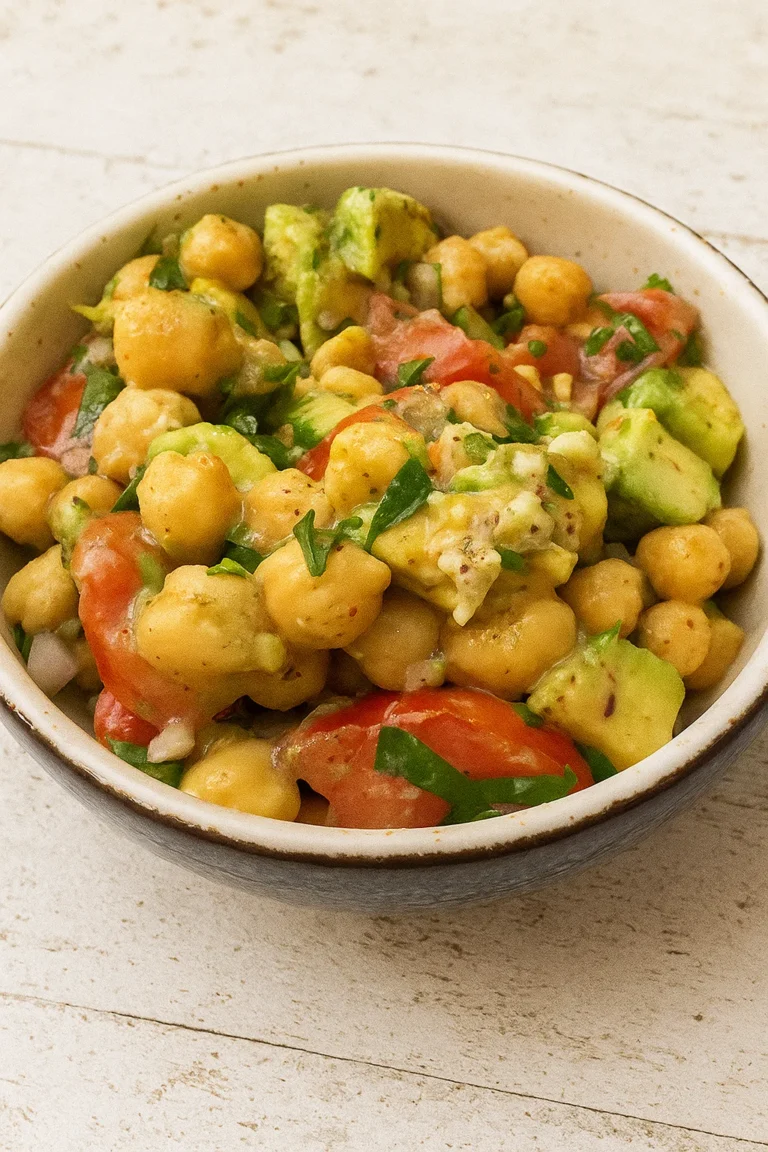 Fresh chickpea and avocado salad served in a bowl with tomatoes and herbs
