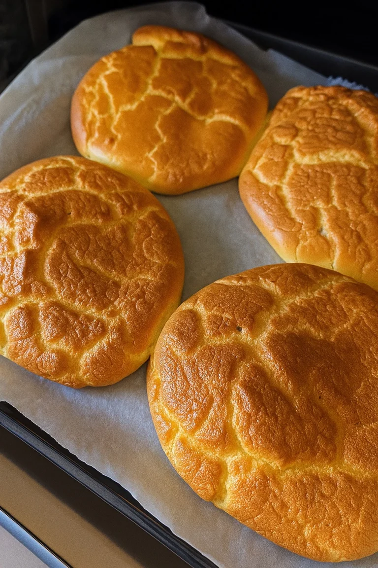 fluffy cottage cheese cloud bread on parchment lined baking tray