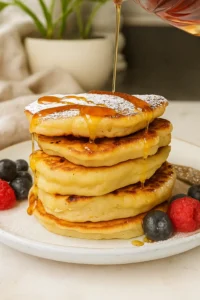 Stack of cottage cheese pancakes drizzled with honey