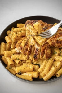 Creamy garlic chicken pasta being scooped with a fork