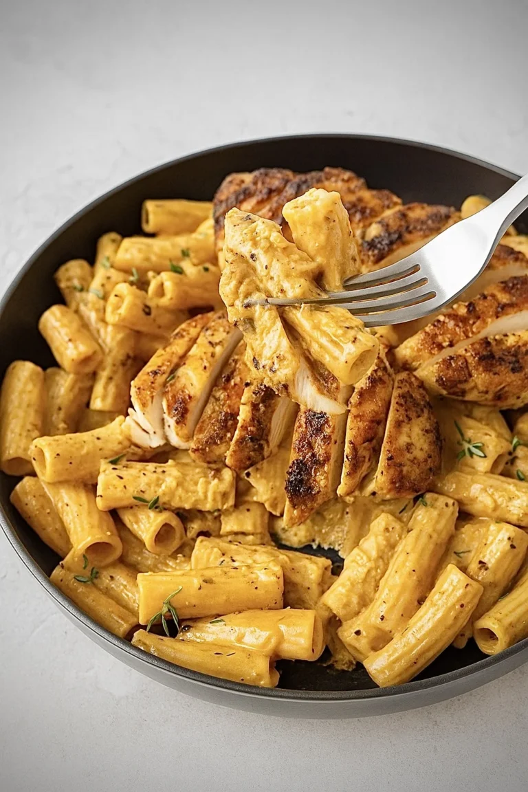Creamy garlic chicken pasta being scooped with a fork