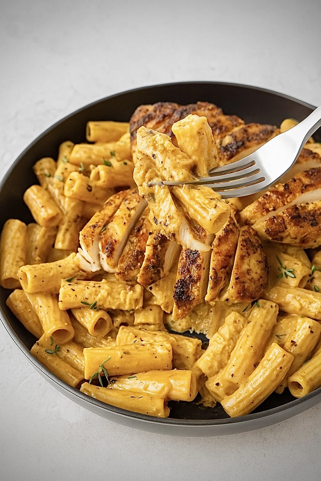 Creamy garlic chicken pasta served in a bowl being scooped with a fork
