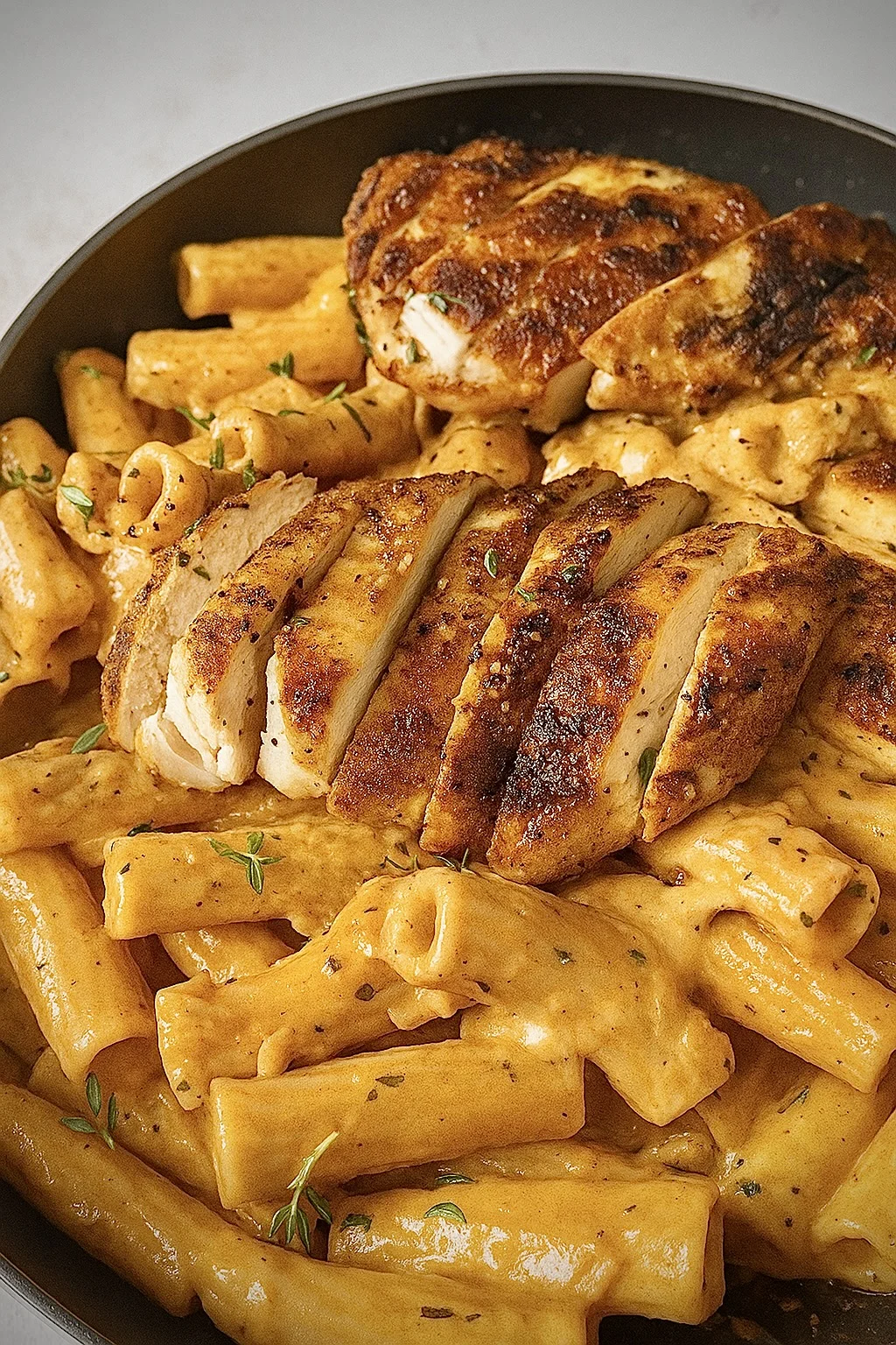 Creamy garlic chicken pasta served in a bowl