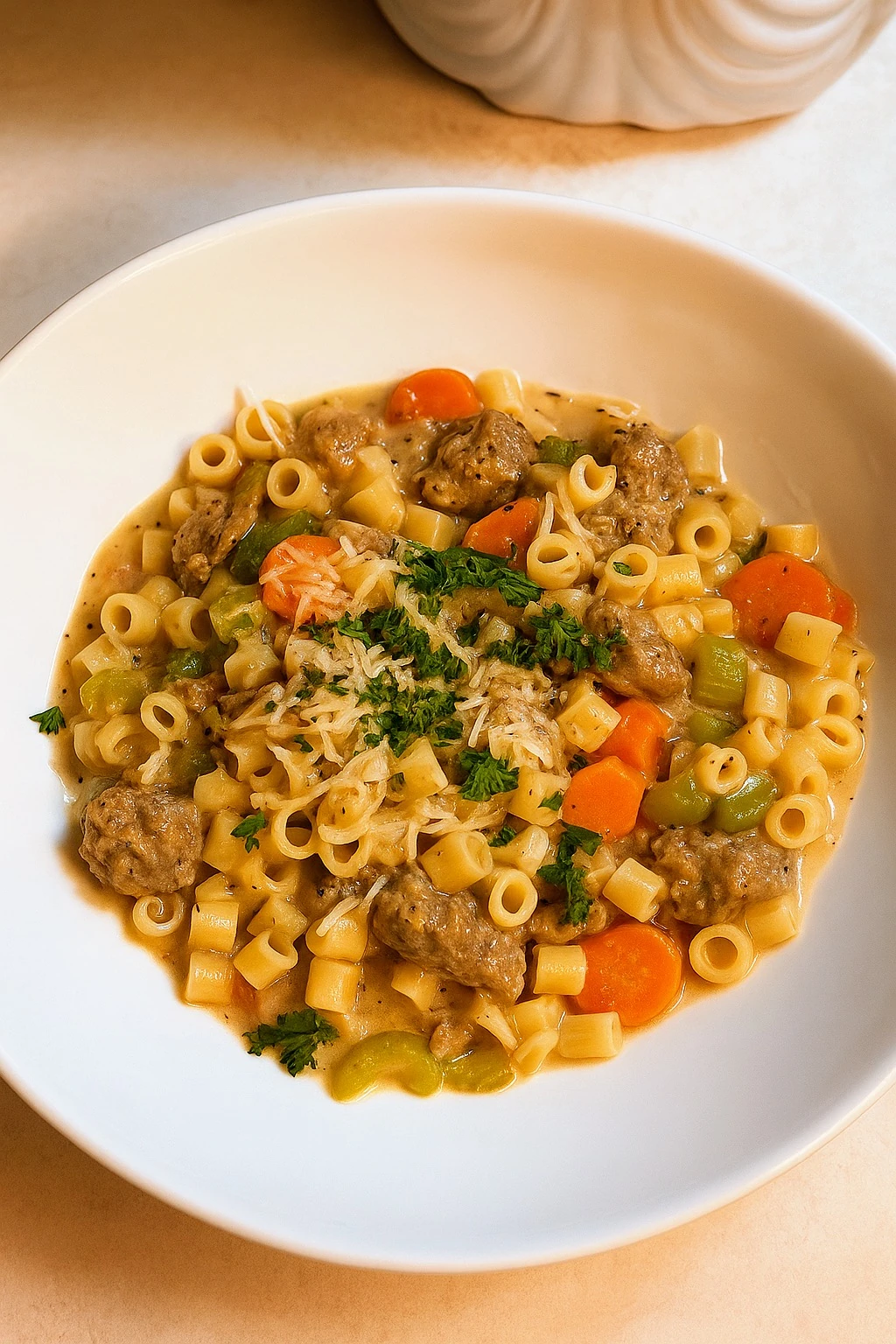 Creamy Parmesan Italian sausage soup in a bowl, topped with parsley and black pepper