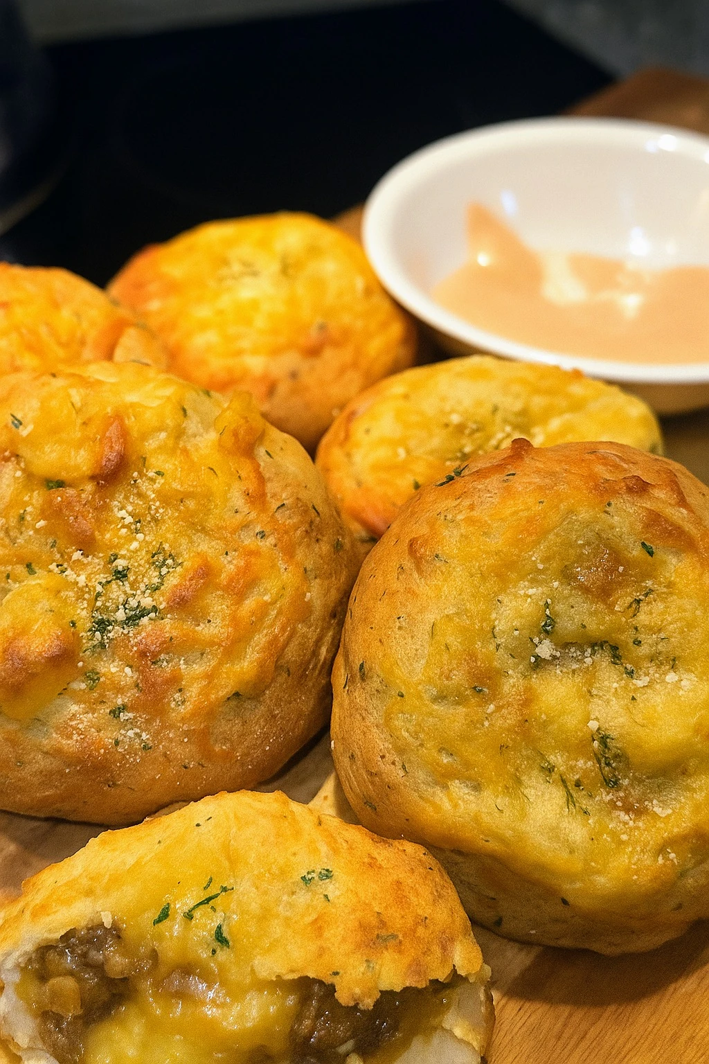 Garlic Parmesan cheeseburger bombs served with dipping sauce