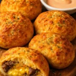 Close up of garlic Parmesan cheeseburger bomb with melted cheese and beef filling