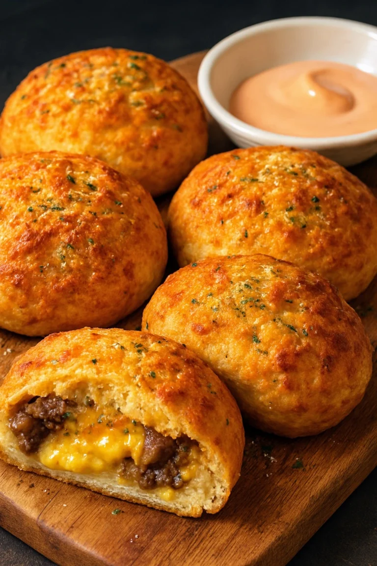 Close up of garlic Parmesan cheeseburger bomb with melted cheese and beef filling