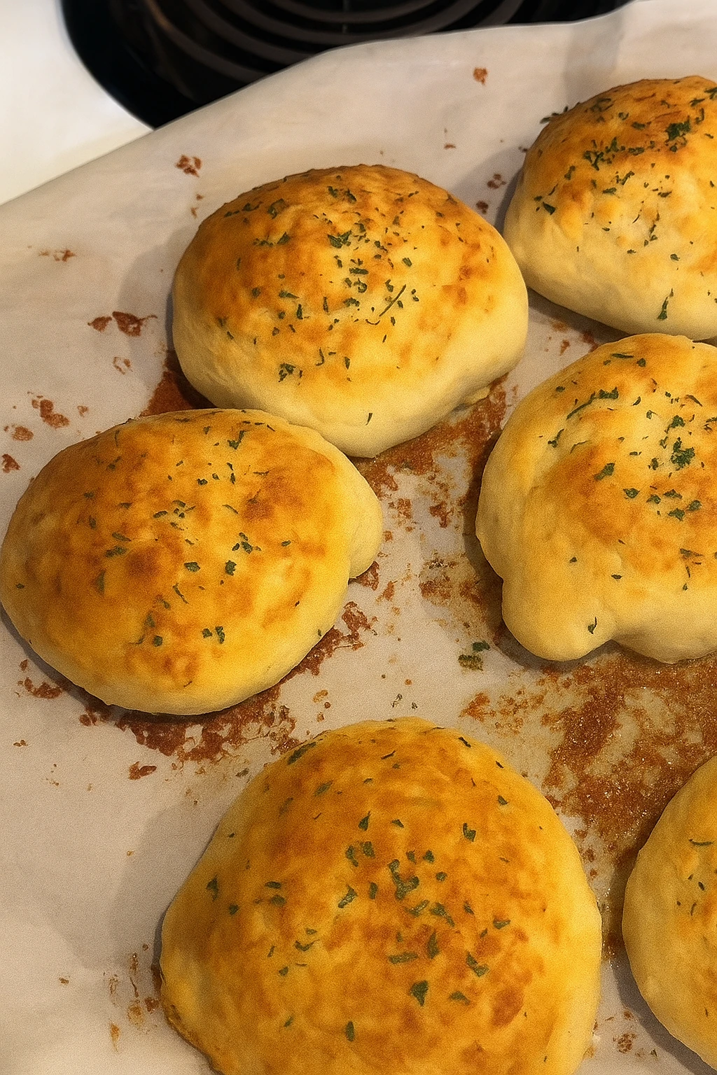 Garlic Parmesan cheeseburger bombs on a parchment lined tray