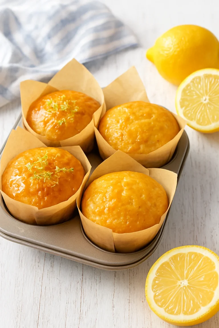 Freshly baked honey lemon yogurt muffins in a baking tray
