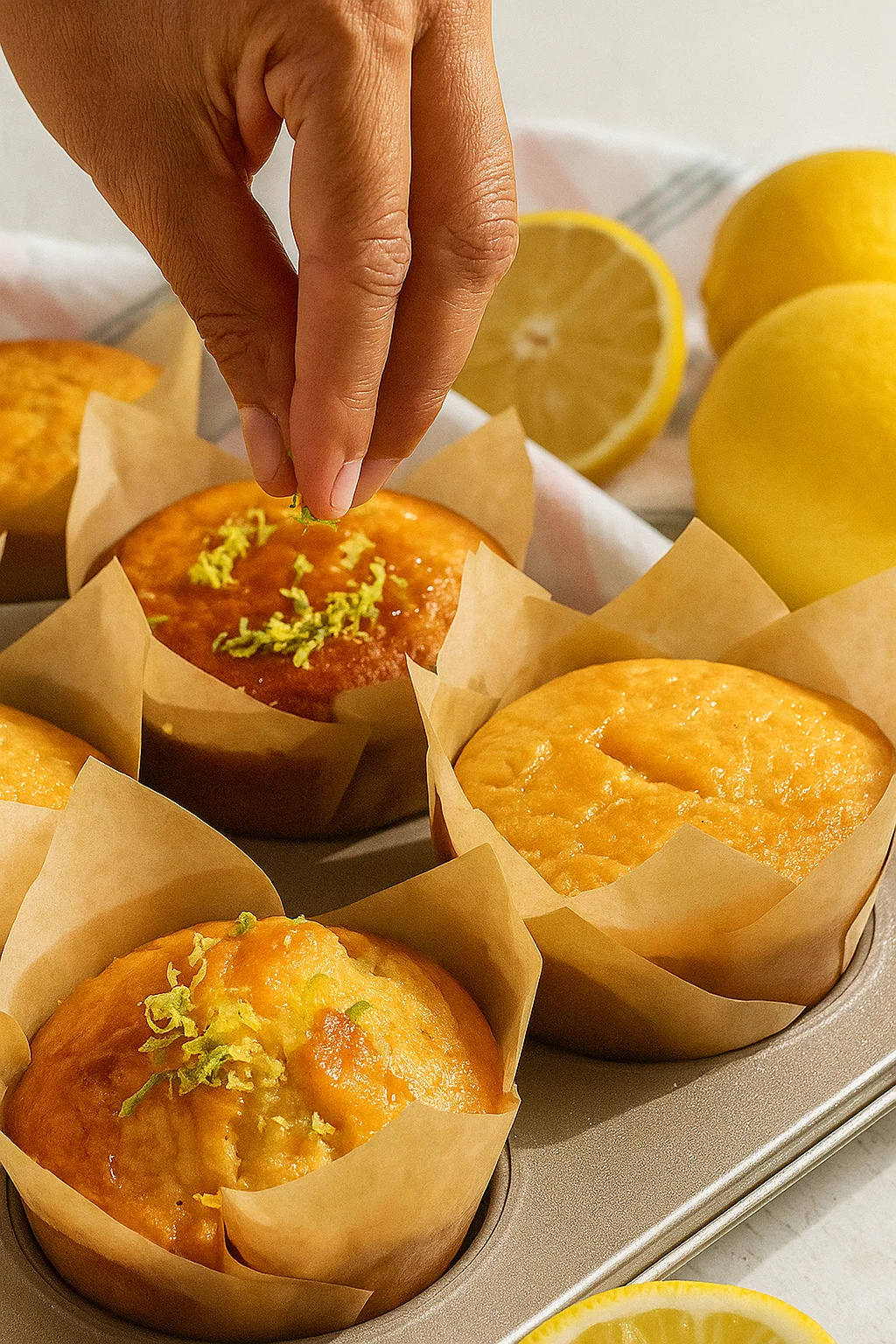Freshly baked honey lemon yogurt muffins topped with lemon zest
