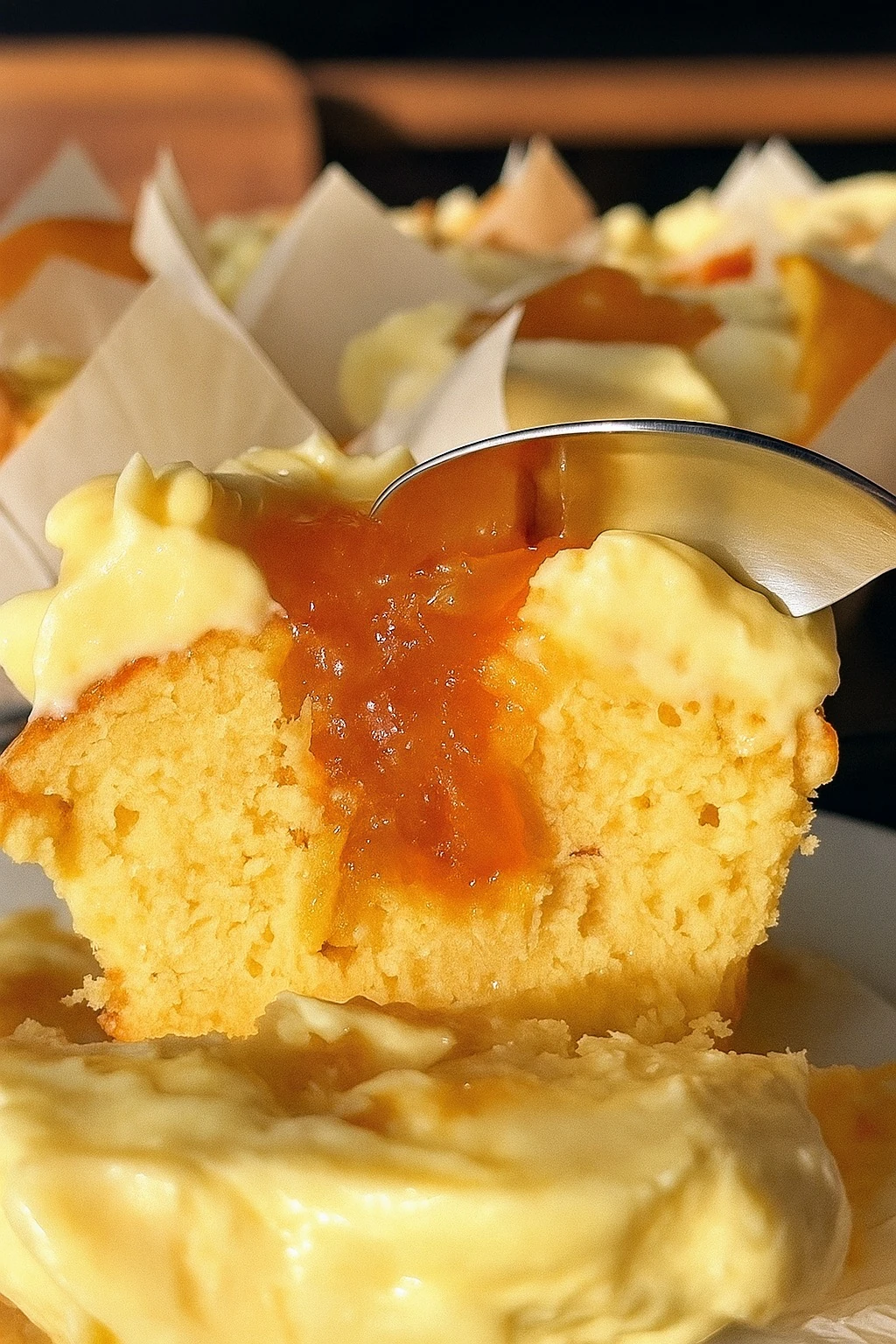 Close up of a honey peach cream cheese cupcake with peach filling inside