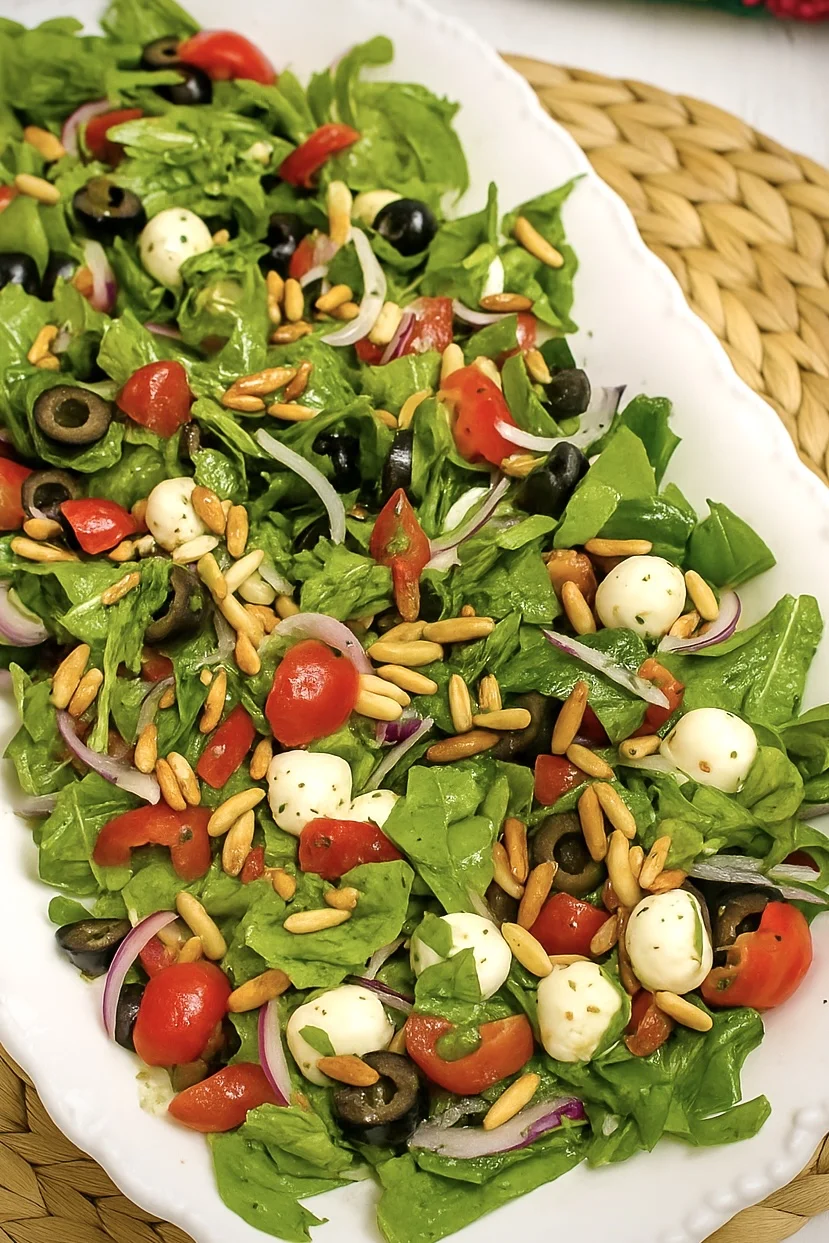 Fresh lemon arugula salad served in a tray