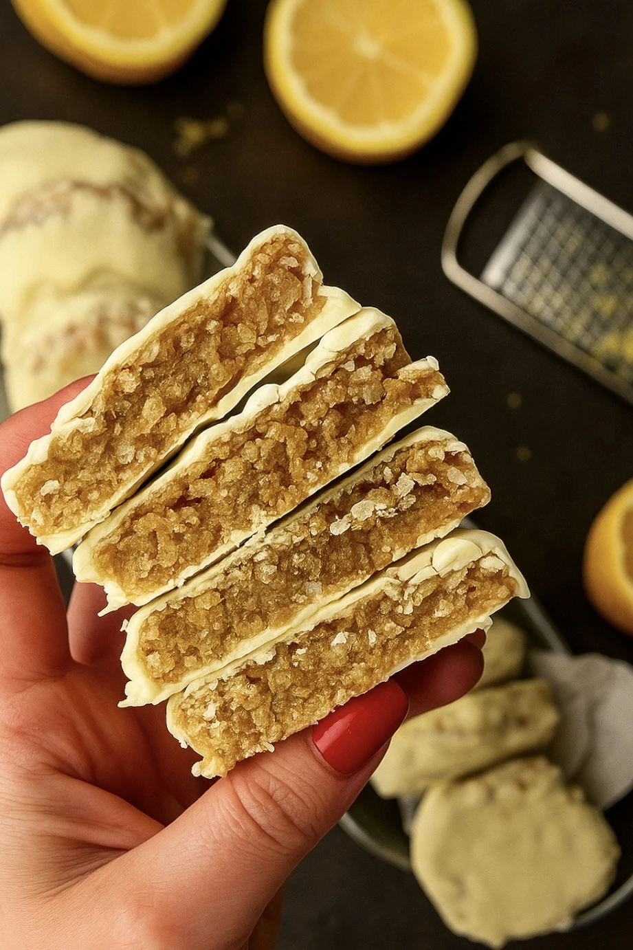 Close up of lemon oatmeal no bake cookies showing their soft, chewy texture with visible oats and lemon zest