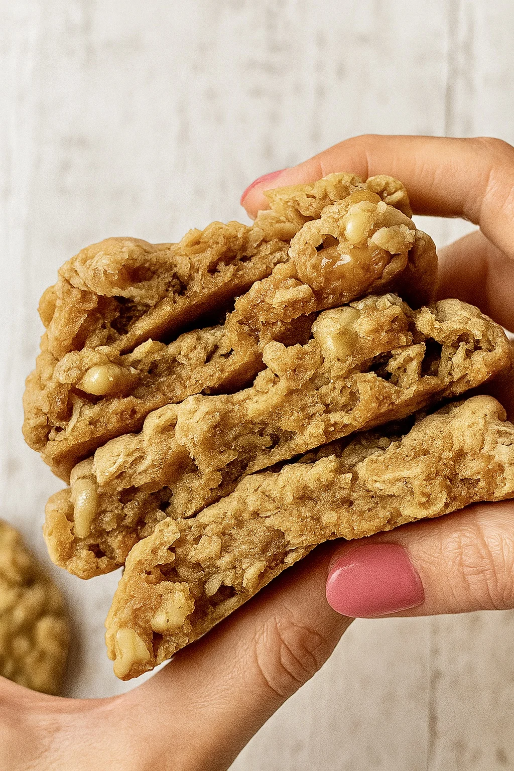Close up of a no bake peanut butter oatmeal cookie being held