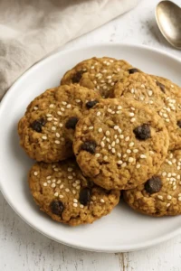 No bake peanut butter oatmeal cookies stacked on a plate