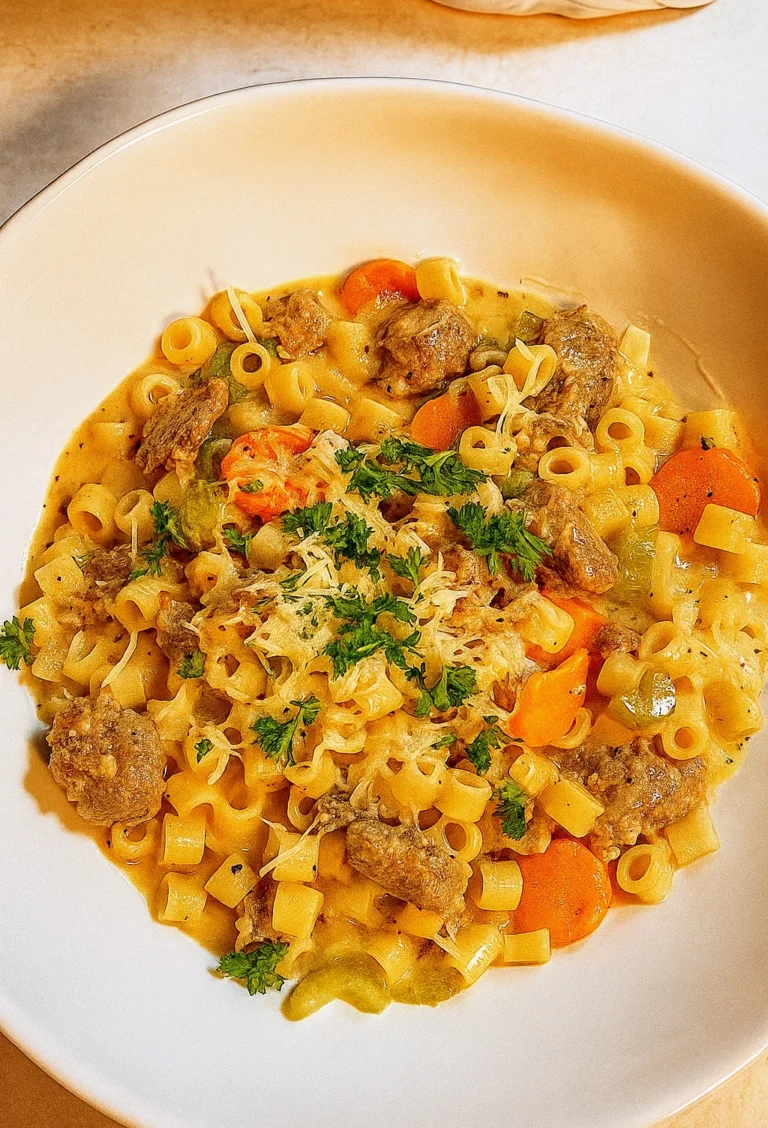 Hearty bowl of creamy Parmesan Italian sausage soup topped with fresh herbs