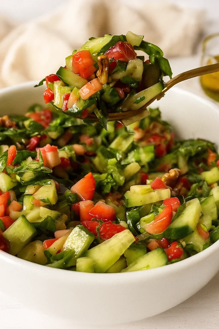 Fresh spinach and strawberry salad with feta and nuts served in a bowl
