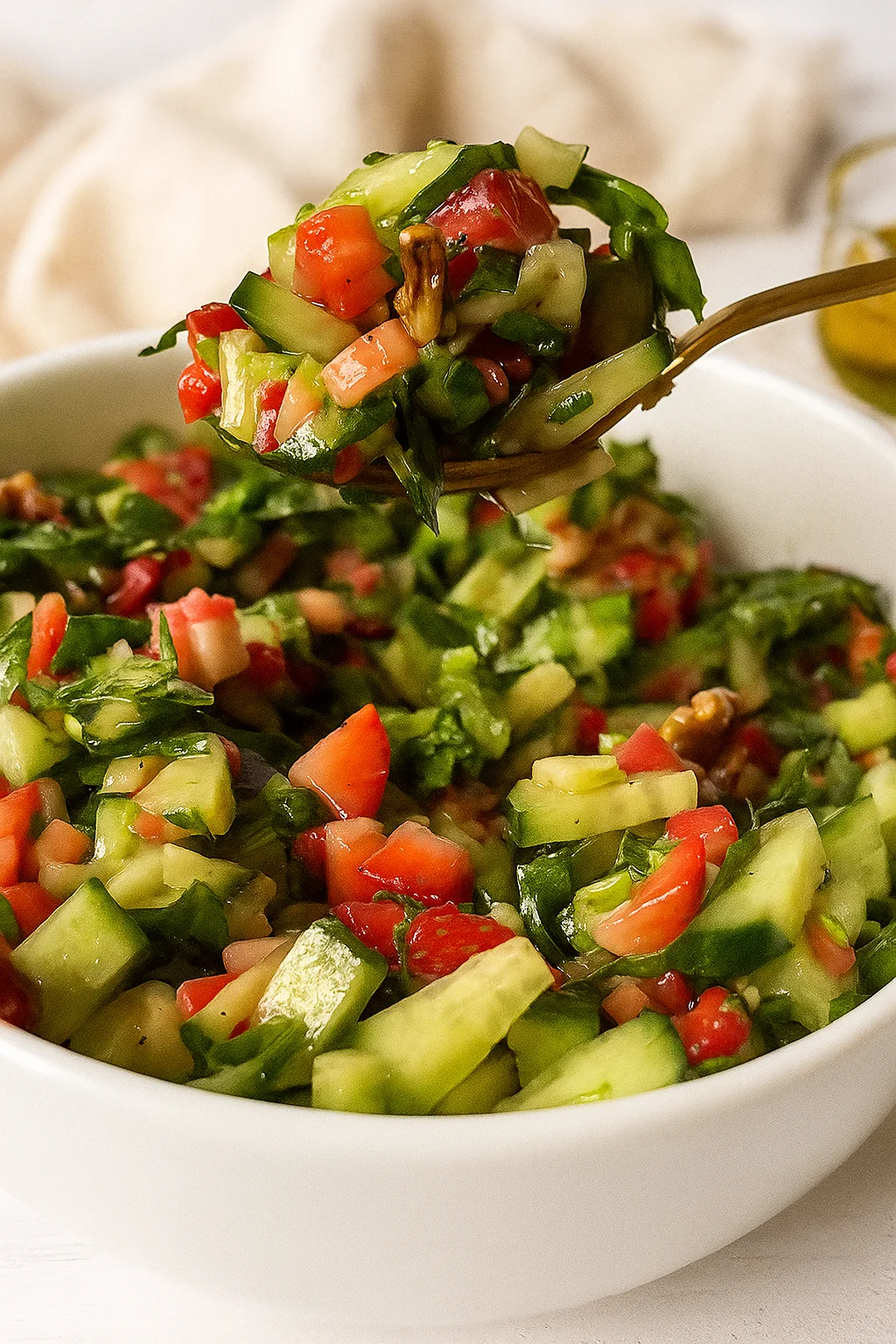 Fresh spinach and strawberry salad with feta and nuts served in a bowl