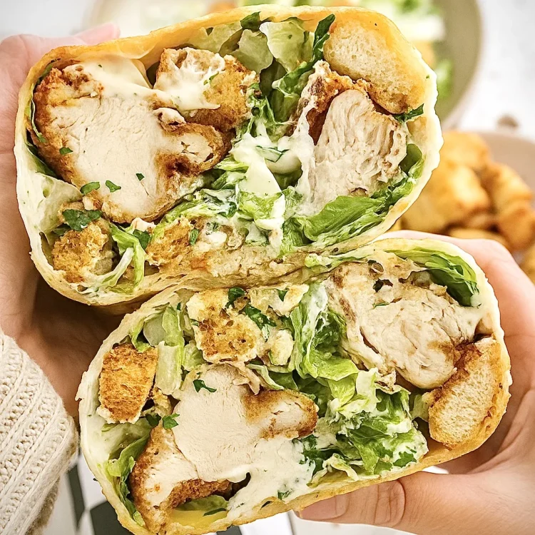 Chicken Caesar wraps filled with grilled chicken, lettuce, and Caesar dressing