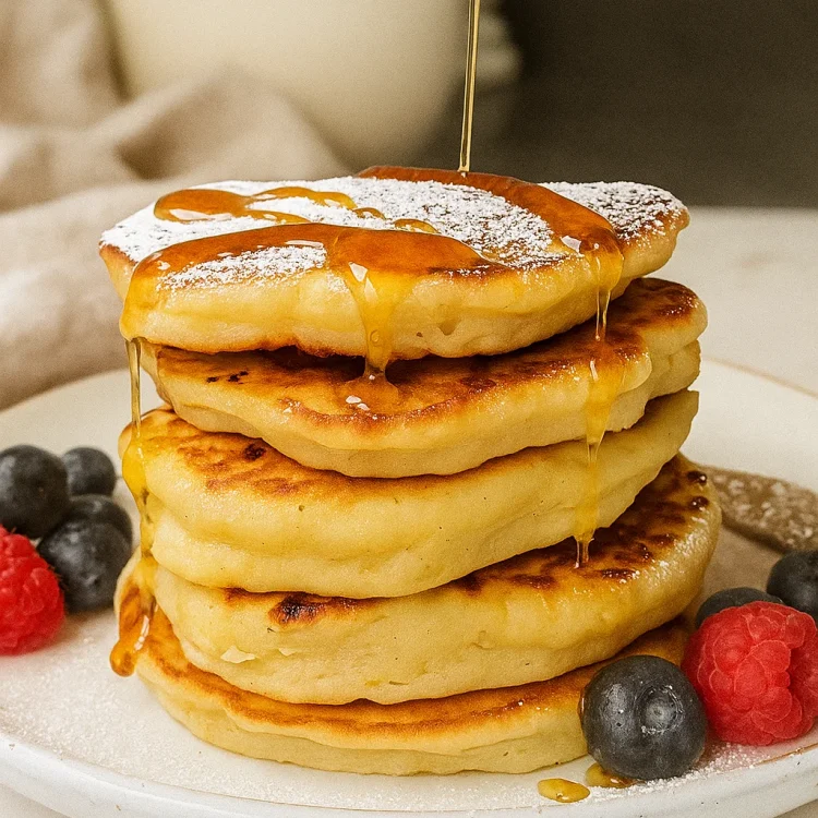 Stack of cottage cheese pancakes drizzled with honey