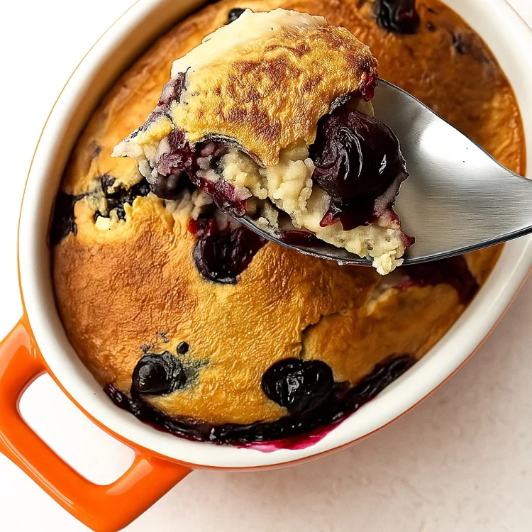 A spoonful of blueberry cottage cheese bake being lifted from an orange baking dish.