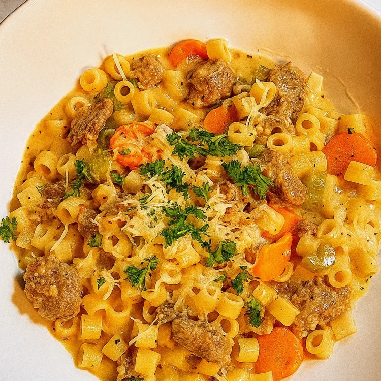 Hearty bowl of creamy Parmesan Italian sausage soup topped with fresh herbs