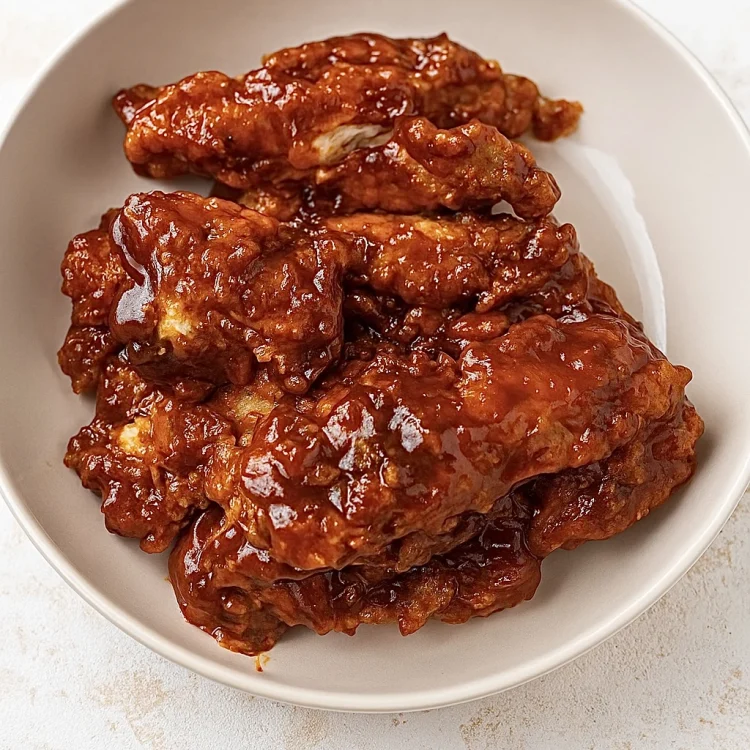 Spicy BBQ chicken tenders coated in sticky honey barbecue sauce