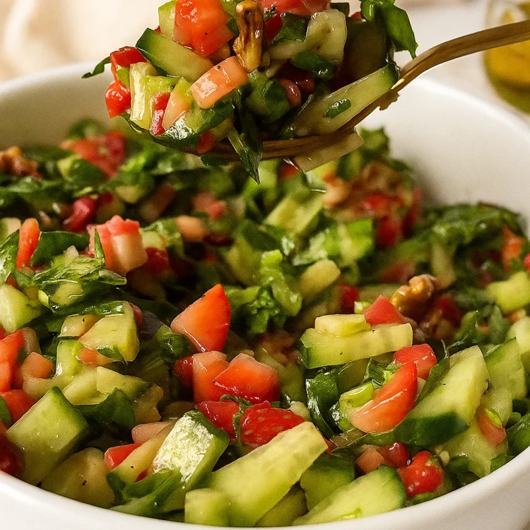 Fresh spinach and strawberry salad with feta and nuts served in a bowl